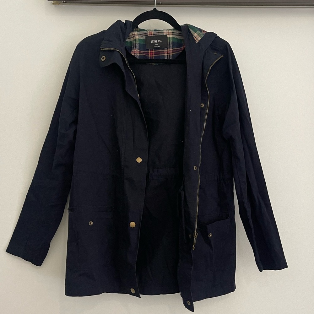 Lightweight navy jacket with hood